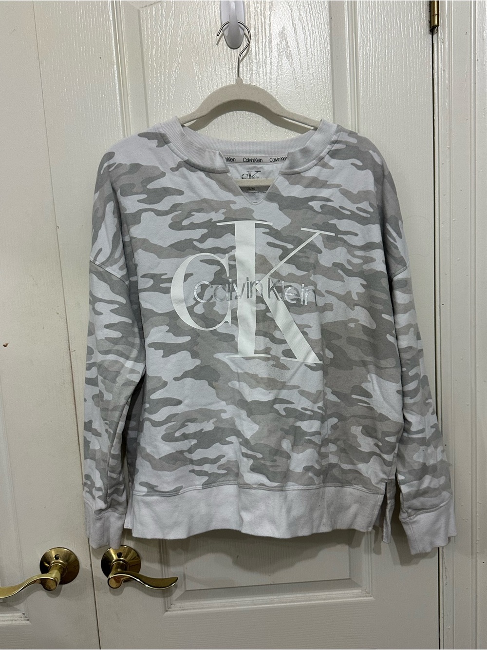 Calvin Klein White and Light Gray Camo Logo Crewneck Sweater